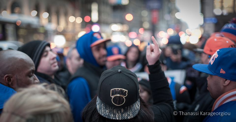 New York, Wednesday, March 19th, 2014. A small group of disgruntled Knicks fans stages a small protest outside Madison Square Garden before a home game against the Pacers, but their voices fall on deaf ears. ©Thanassi Karageorgiou